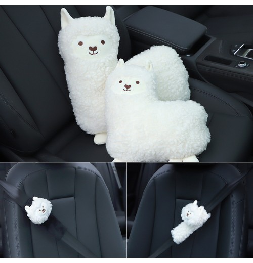 1pc Sheep Shaped Plush Doll, Car Headrest Backrest Cartoon Alpaca For Winter, Car Accessories